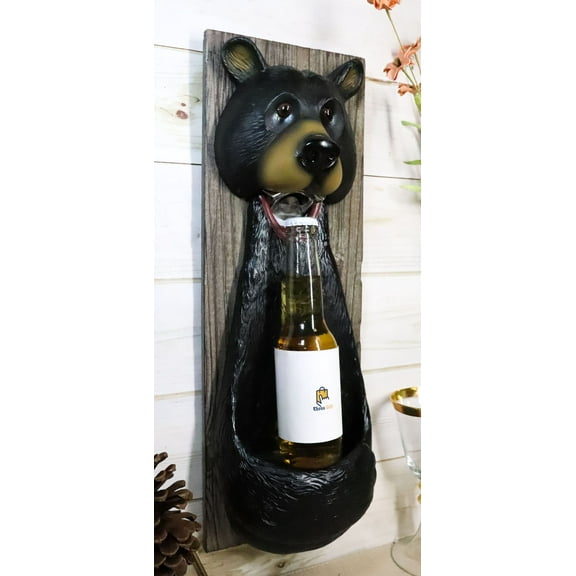 Rustic Western Whimsical Black Bear Wall Beer Bottle Metal Opener With Rest
