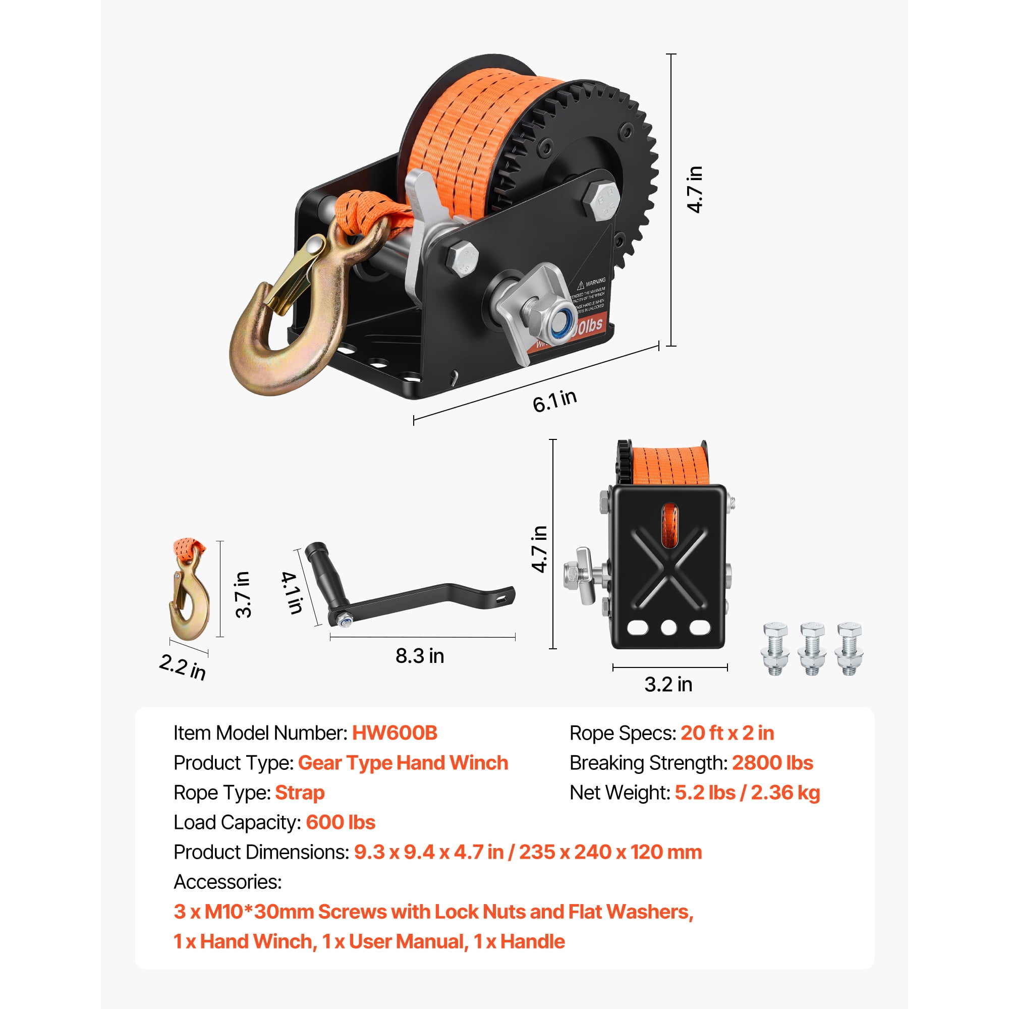 KFFKFF 600 lbs Hand Winch, Durable Manual Rope Crank with 20ft Orange Polyester Strap, Two-Way Ratchet, Anti-Slip Handle for Boat Trailer and ATV Towing