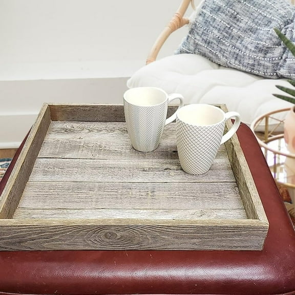 Rustic Reclaimed Wood Serving Tray, Large Square Serving Tray, Coffee Table Platter, 18 "W x 2 "H x 18 "D, Mid Centruy Modern Decoration for Livingroom Bedroom Diningroom Bathroom (18 in)