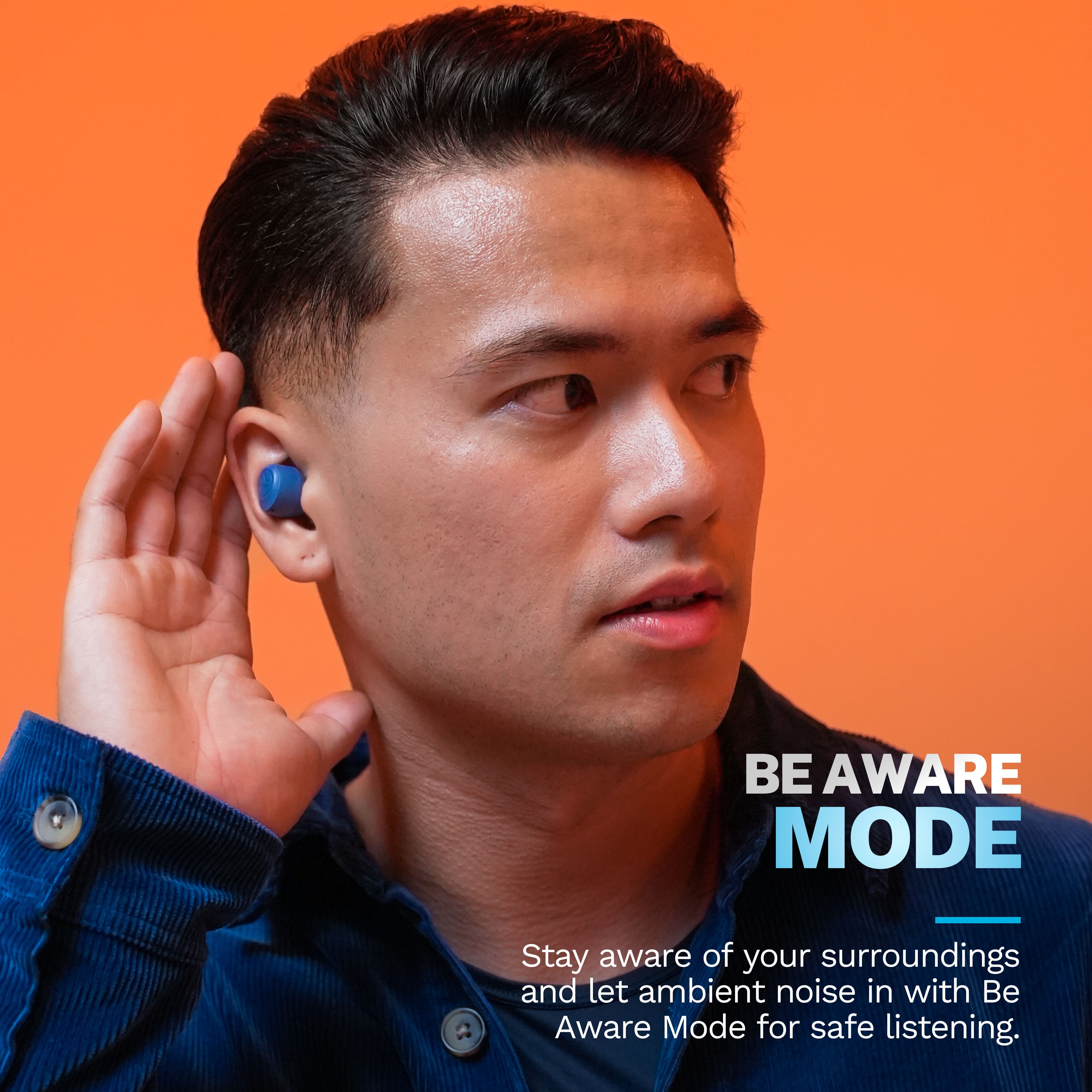 JLab Go Pop+ True Wireless Earbuds, Navy, Bluetooth, IPX4, Be Aware Mode, Customize Sound, Controls