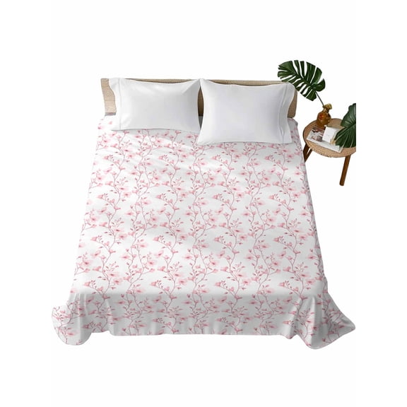 Twin XL Size Flat Sheet Only, Pink Spring Floral Soft Brushed Microfiber Bed Sheets, Elegant Watercolor Summer Botanical Hotel Quality Breathable Bedding Top Sheet, Easy Care, 66"x102"