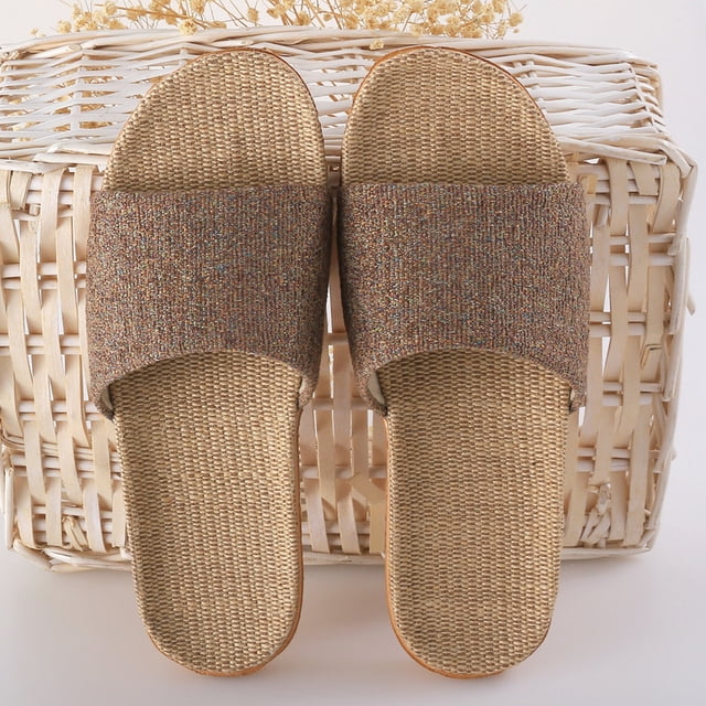 Nvzi Pantuflas de tatami de lino, antideslizantes, para interiores, con punta abierta (talla 40-41, color café)
