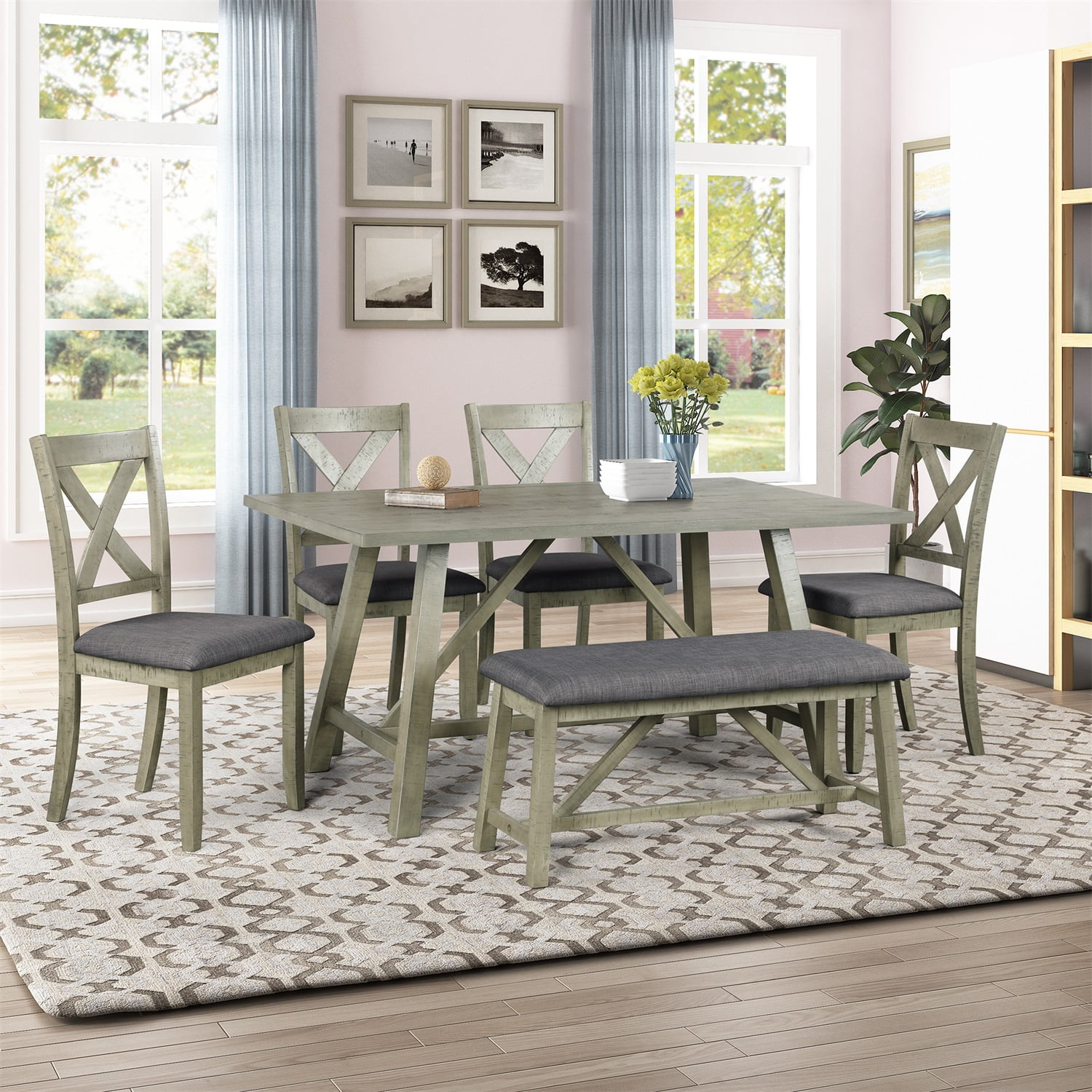 Kadyn Dining Table Set for 6, Kitchen Table Set with Table, Bench and 4 Chairs, 6 Piece Dining Table Set for Home, Gray Kadyn Dining Table Set for 6, Kitchen Table Set with Table, Bench and 4 Chairs, 6 Piece Dining Table Set for Home, Gray