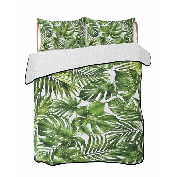 Quilt King Size Bedding Set, Monstera Palm Leaves Reversible Summer Quilt 3 Pieces, Summer Tropical Botanical Country Lightweight Bedspreads Coverlets with 2 Pillow Shams for All Seasons