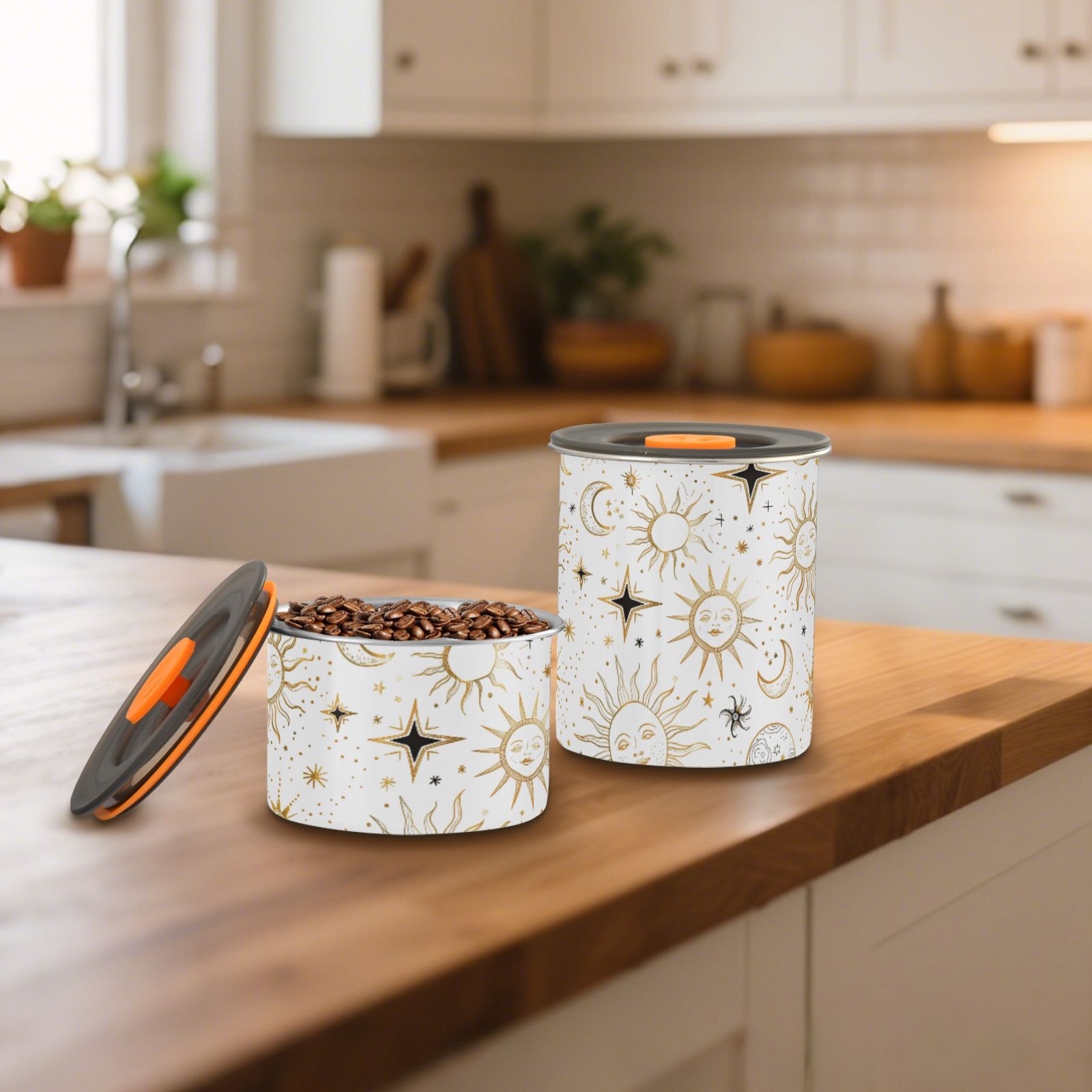 Sun Star Crescent Moon Doodle Airtight Coffee Bean Canister 30oz Food Storage Containers with Lids For Gournd, Tea, Sugar, Flour, Rice, Cereal, Candy Cookie Jar
