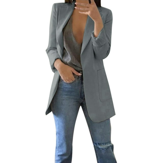 Ladies Workoffice Blazer Solid Color Fitted Suit Single Breasted Blouse Button Down Fashion Jacket Lapel Notched Elegant Cardigan Mid Length Leisure Outwear