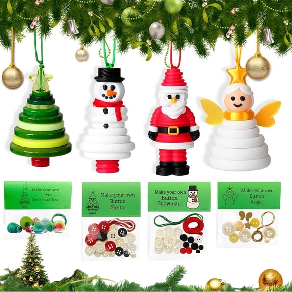 Christmas Craft Kit for Family - DIY Button Ornaments with Snowman, Santa, Angel for Sewing & Holiday Decorating