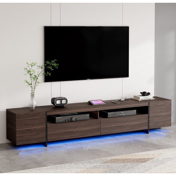 94.5" W TV Stand for Up to 100" TV, Modern Entertainment Center with LED Lights and Power Outlets, Media Console with Cabinet for Living Room, Dark Brown