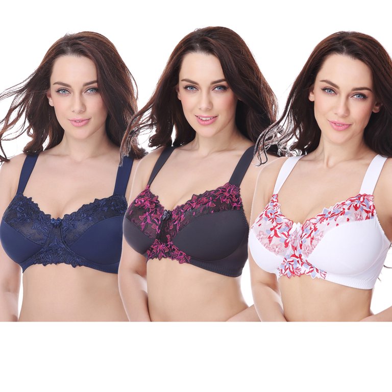 Curve Muse Plus Size Minimizer Unlined Wireless Bra with Lace  Embroidery-3Pack