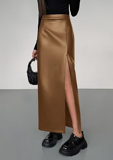 PRETTYGARDEN Womens Faux Leather Skirt Fall Bodycon High Waisted Slit Dressy Casual Winter Maxi Long Pencil Skirts