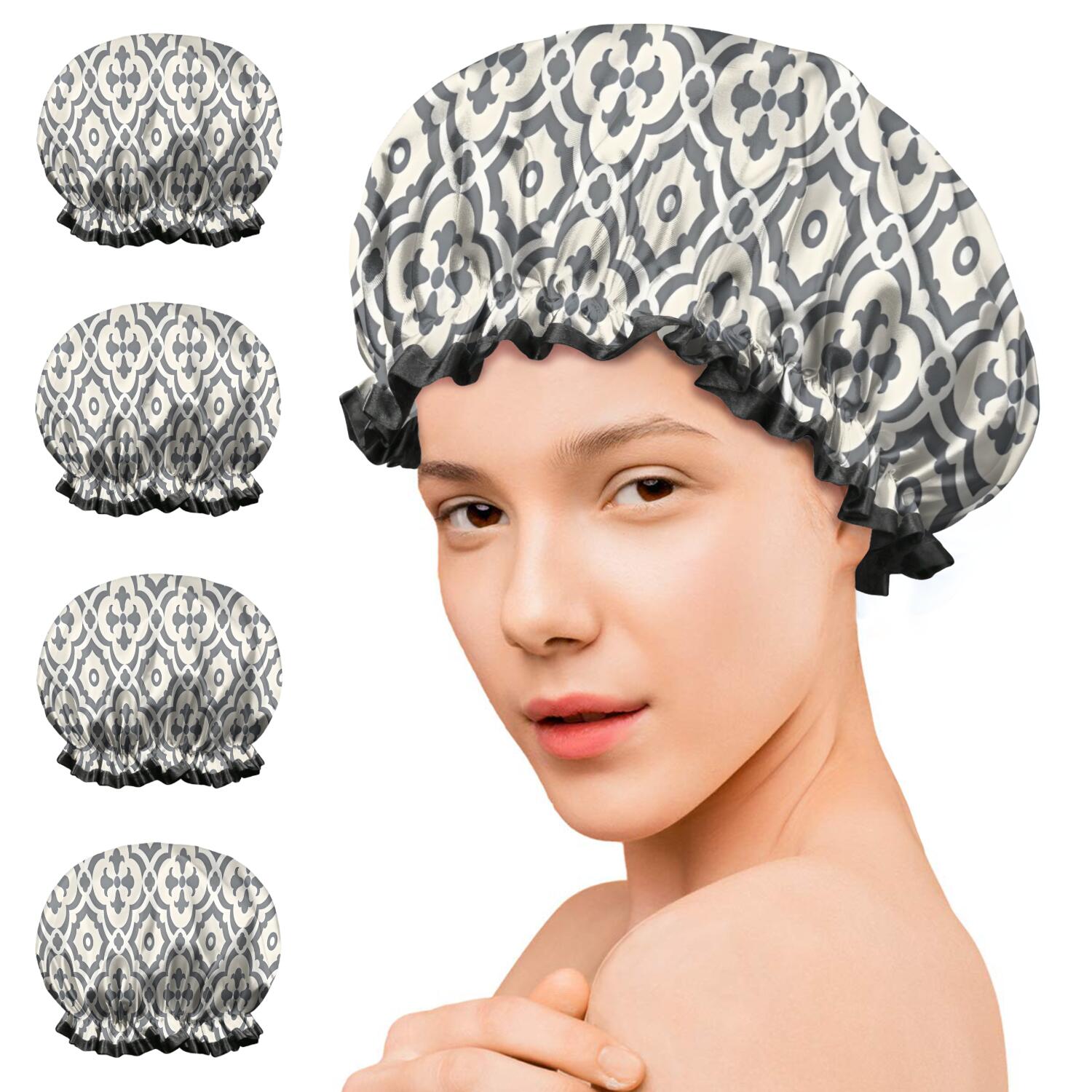 Shower Caps,Boho Gray and Beige Floral Ethnic Pattern Waterproof Shower Cap for Women 4 Pieces,Double Reusable Hair Cover for Shower PEVA Elastic Stretch Hem
