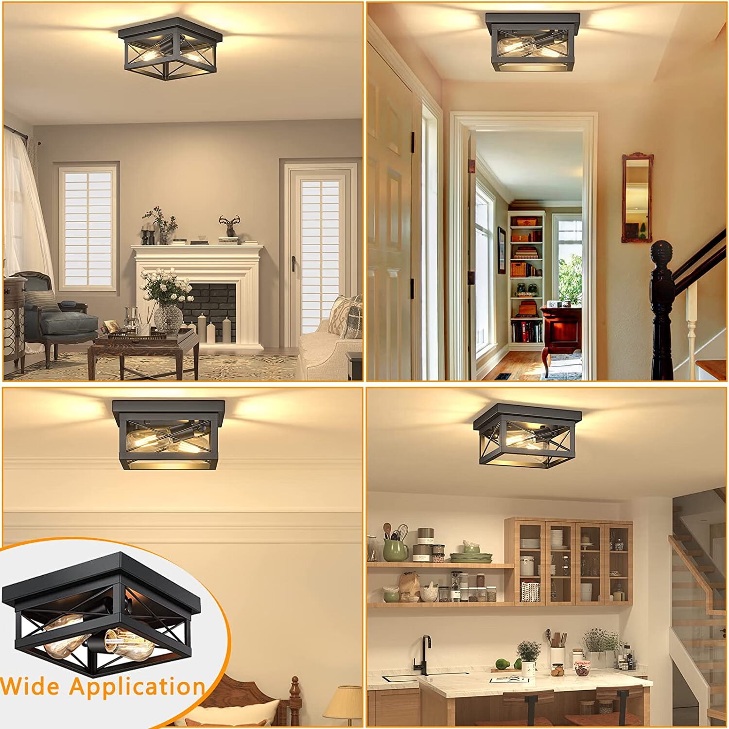 2 Light Rustic Farmhouse Flush Mount Ceiling Light Industrial Metal Light Fixture for Hallway Bedroom Kitchen, Oil Rubbed Black