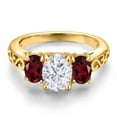 thumbnail image 3 of Gem Stone King 18K Yellow Gold Plated Silver White Moissanite and Red Rhodolite Garnet Filigree Style 3 Stone Ring for Women (2.50 Cttw, Oval 8X6MM and 6X4MM) (Size 9), 3 of 6