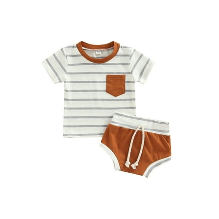 

Calsunbaby Toddler Infant Baby Boys 2Pcs Summer Outfits Short Sleeve Striped Print Pocket Tops + Shorts Clothes Sets Brown 2-3 Years