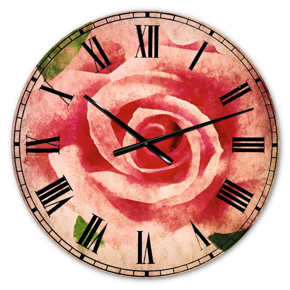Designart 'Big Pink Rose Flower with Leaves' Traditional wall clock