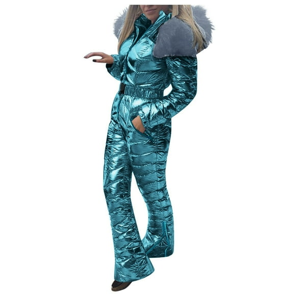 Plus Size Jumpsuit Women Solid Casual Thick Hot Snowboard Skisuit Outdoor Sports Zipper Cotton Padded Hooded Jumpsuit Ski Suit,Blue Women'S Nylon Jumpsuit S