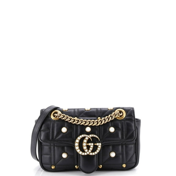 Pre-Owned Pearly GG Marmont Flap Bag Embellished Matelasse Leather Mini By Rebag