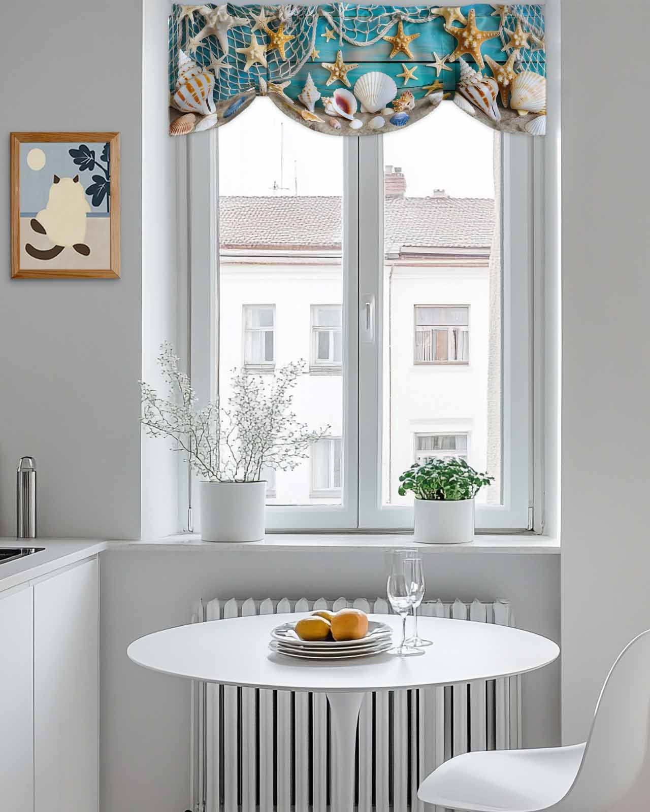 Coastal Beach Tie Up Valances Curtain, Adjustable Kitchen Conch Starfish Valances for Windows Decor, Rod Pocket Short Curtains Set for Bedroom/Bathroom, 60"x18"
