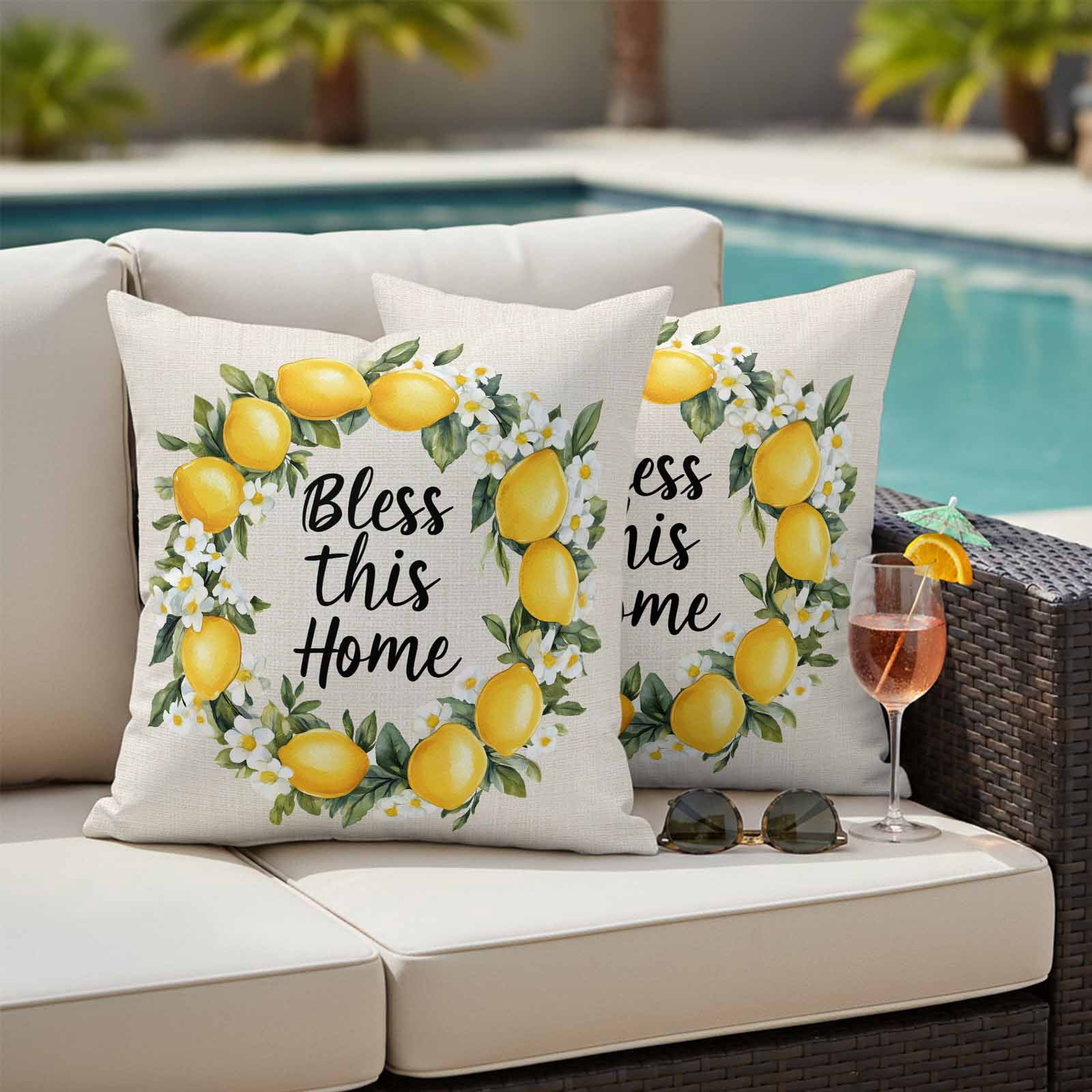 Country Bless This Home Pillow Covers 2 Pack Yellow Lemon Linen Texture Pillowcase Waterproof Outdoor Throw Pillow Cover for Patio Garden Square Cushion 24”x24”