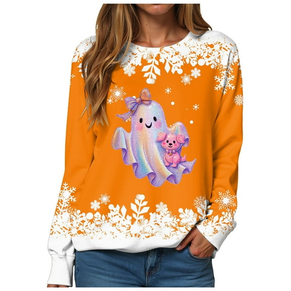adviicd Fall Halloween Themed Sweatshirt - Women's Printed Long Sleeve Crewneck for Autumn and October (Orange, XL)