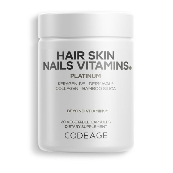 Codeage Hair Skin Nails Vitamins Platinum - KeraGEN-IV Keratin, Dermaval Hair Fall, Skin Elasticity & Moisture Support - Biotin 5000, Collagen, Vitamin C, Coffeeberry, PABA Supplement - 60 Capsules