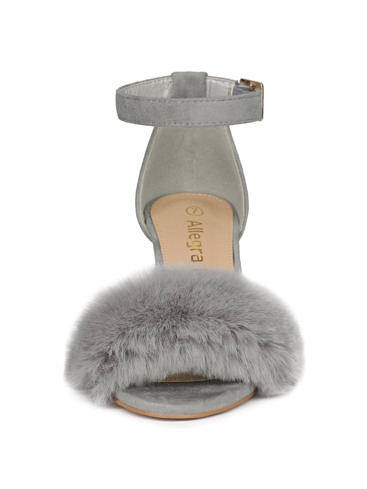 DARING DIVA Women's Ankle Strap Faux Fur Block Heels Beige Sandals for Wear Gray 9