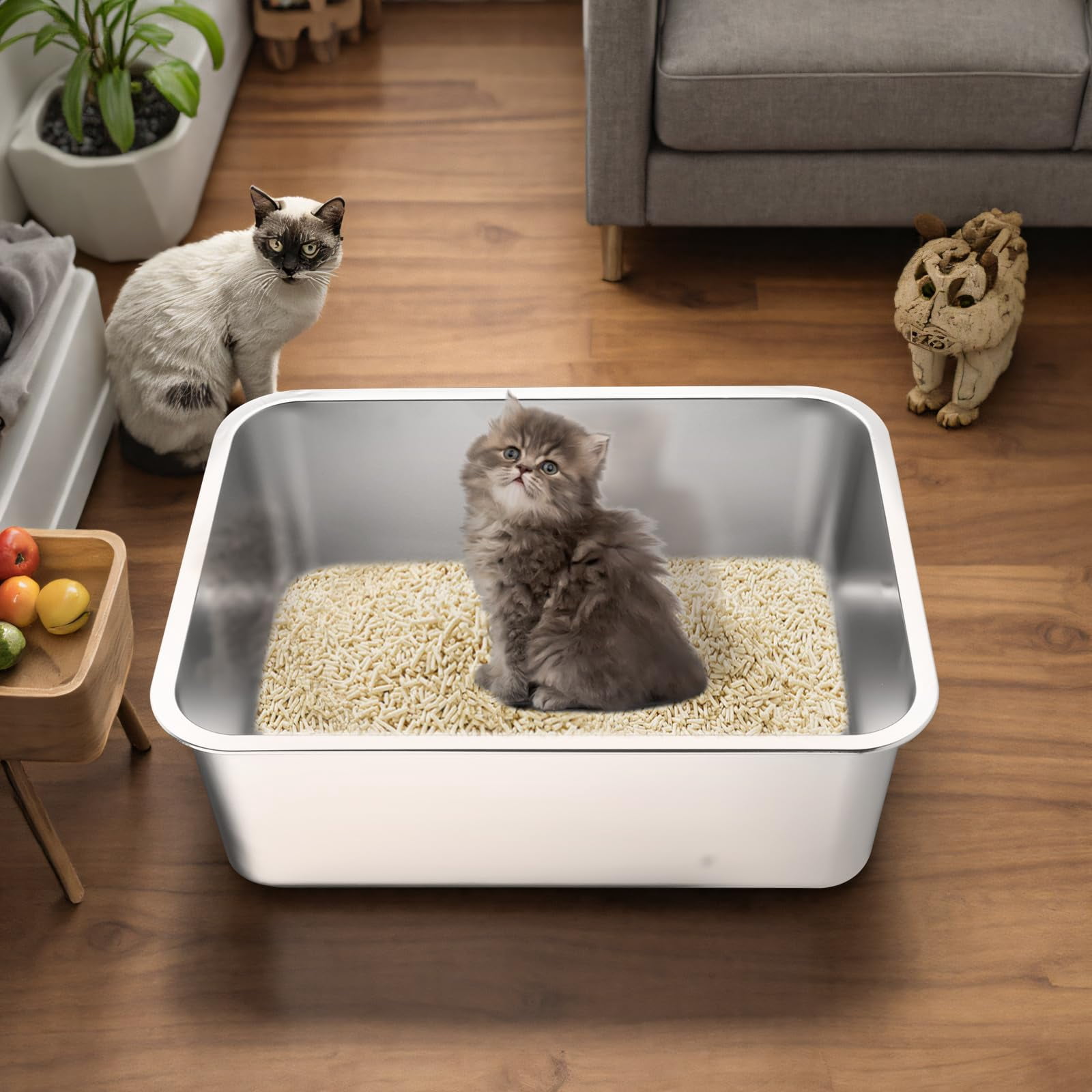 Stainless Steel Cat Litter Box - Large Metal High-sided Pan For Cats  Pets Non-stick Odor-free Easy To Clean Splash-proof Durable (17.7" L X 13.8" W 6" H)