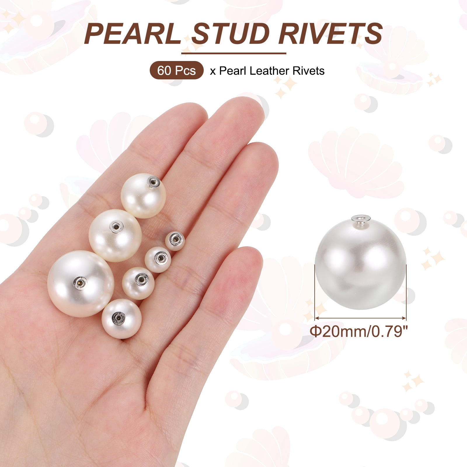 20mm Pearl Rivet Studs, 60 Pcs Leather Rivets Pearl Rivet Buttons Spikes for Leather Crafting for Decor Repair DIY Clothing Belts Bags Shoes, White