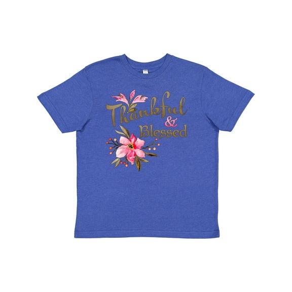 Inktastic Thankful and Blessed Inspirational Saying with Pink Flowers Youth T-Shirt