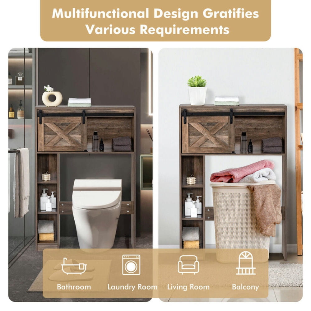 Finihen Toilet Storage Cabinet, Bathroom Cabinet Organizer, 4-Tier Over The Toilet Storage Cabinet with Sliding Barn Door and Storage Shelves, for Bathroom, Brown