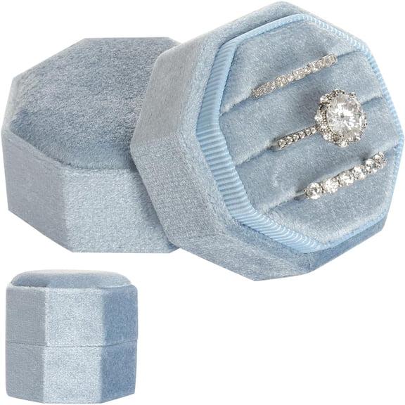 DESIGNICE Velvet 3 Slots Jewelry Ring Box Vintage Octagon Ring Display Holder Gift Premium Gorgeous Case with Detachable Lid for Wedding Engagement Proposal Keepsake Ceremony (Blue)