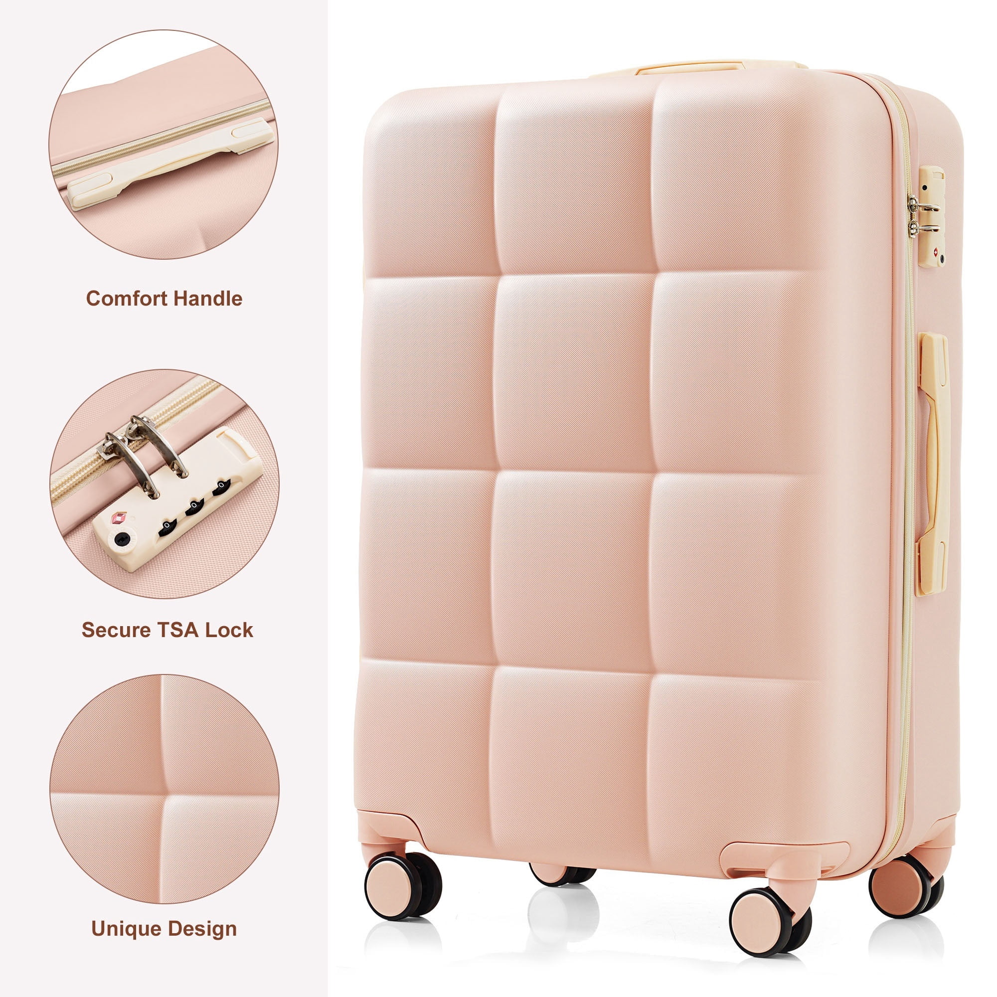 Euroco Luggage Set 3 Piece, ABS Hardside Suitcase with Spinner Wheels and TSA Lock, 20" Carry-on Luggage with Cup Holder for Travel(20"/24"/28"),Pink
