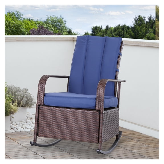 Rattan Rocking Chair Patio Recliner with Cushion & Footrest, 135° Adjustable, Outdoor Wicker Rocker, Blue