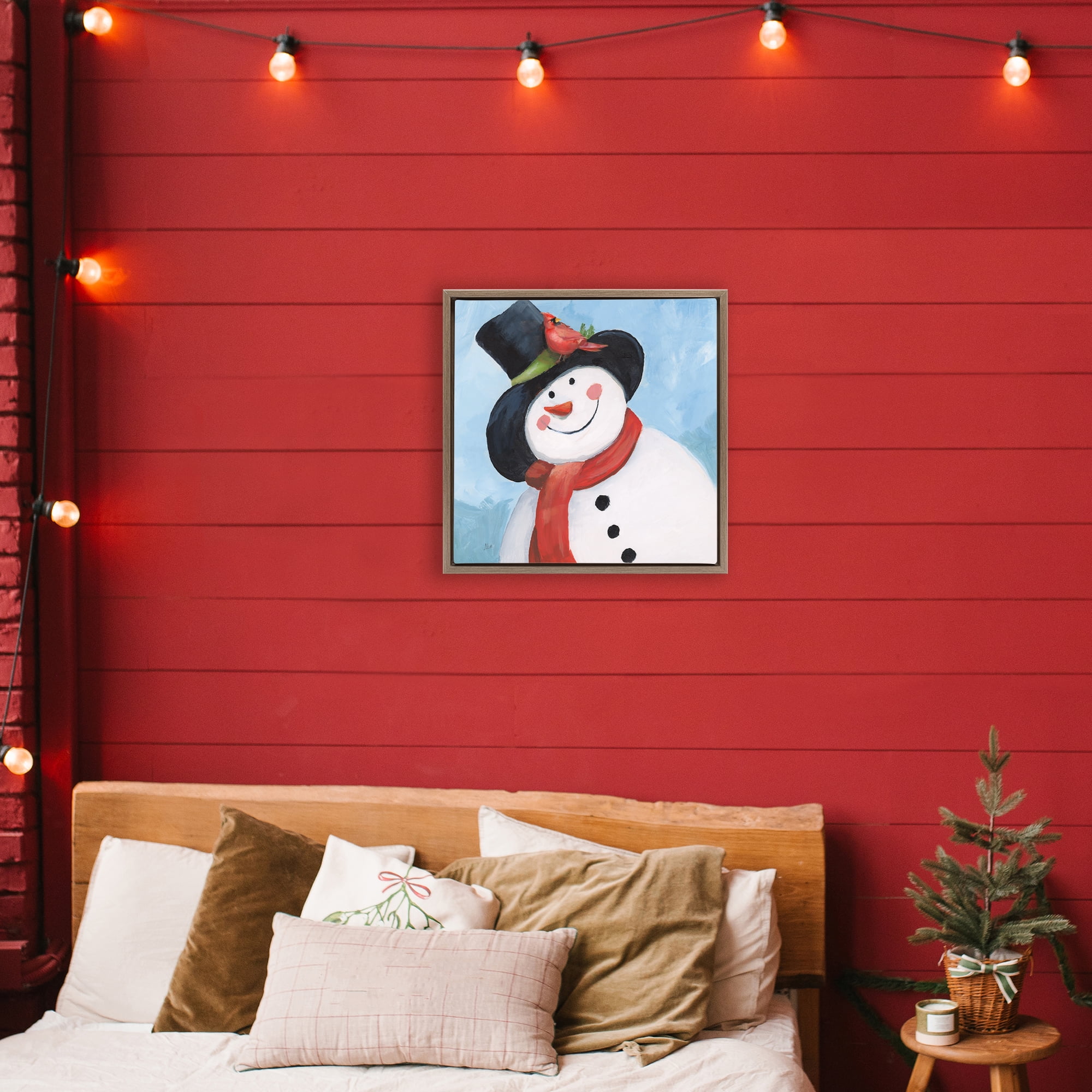 Stupell Industries Cheerful Snowman with Cardinal Brown Framed Floater Canvas Wall Art, design by Nan