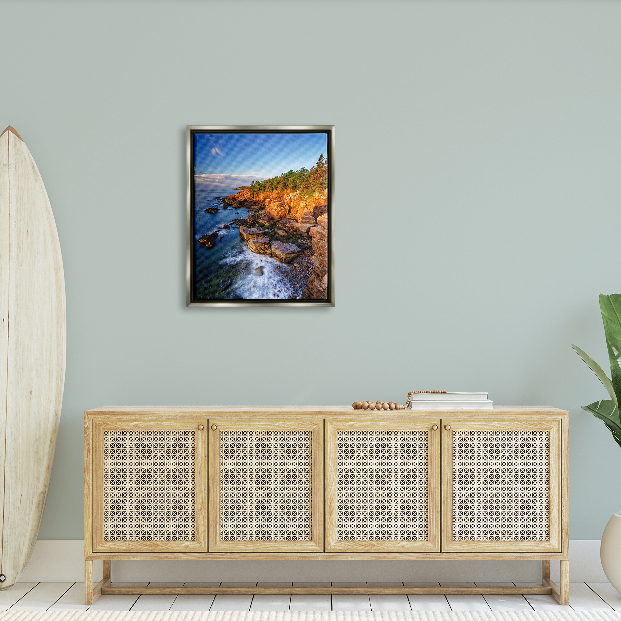 Stupell Rocky Cliffs Shore Beach Foam Landscape Photography Gray Floater Framed Art Print Wall Art
