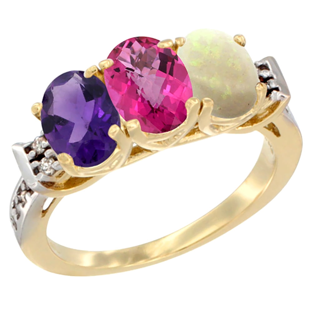 14K Yellow Gold Natural Amethyst, Pink Topaz & Opal Ring 3-Stone 7x5 mm Oval Diamond Accent, sizes 5 10 by WorldJewels