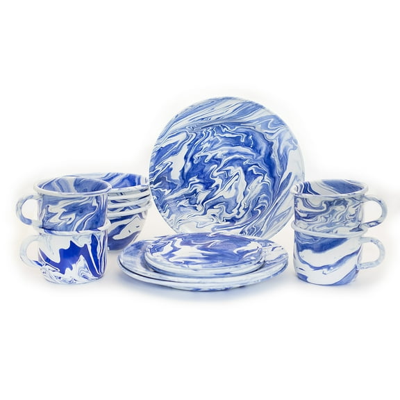 Hand-Painted Enamelware Set of 16 Pieces - Blue Marbeled Design - Artesano Home Decor
