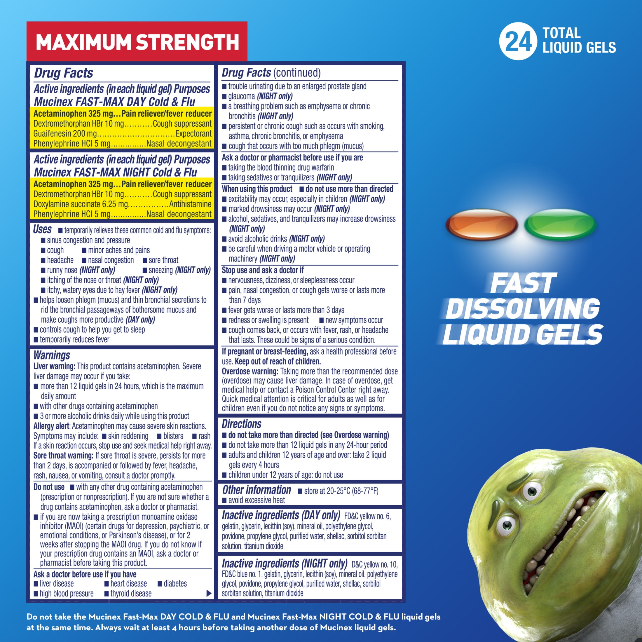 Mucinex Fast-Max Day Cold & Flu & Night Cold & Flu Medicine, OTC Cough Relief, 24 Liquid Gels