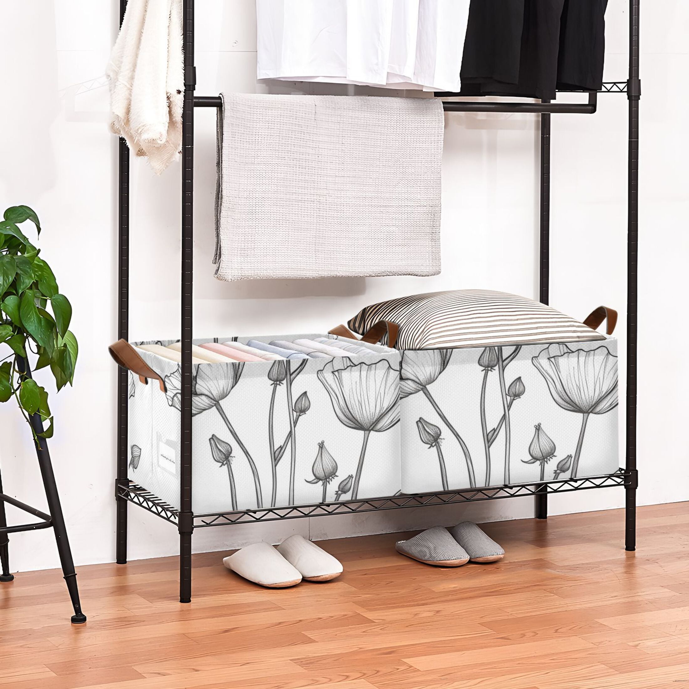 Black Line Flowers Foldable Storage Large Fabric Storage Baskets Organizer Storage Bins with Handles for Shelves