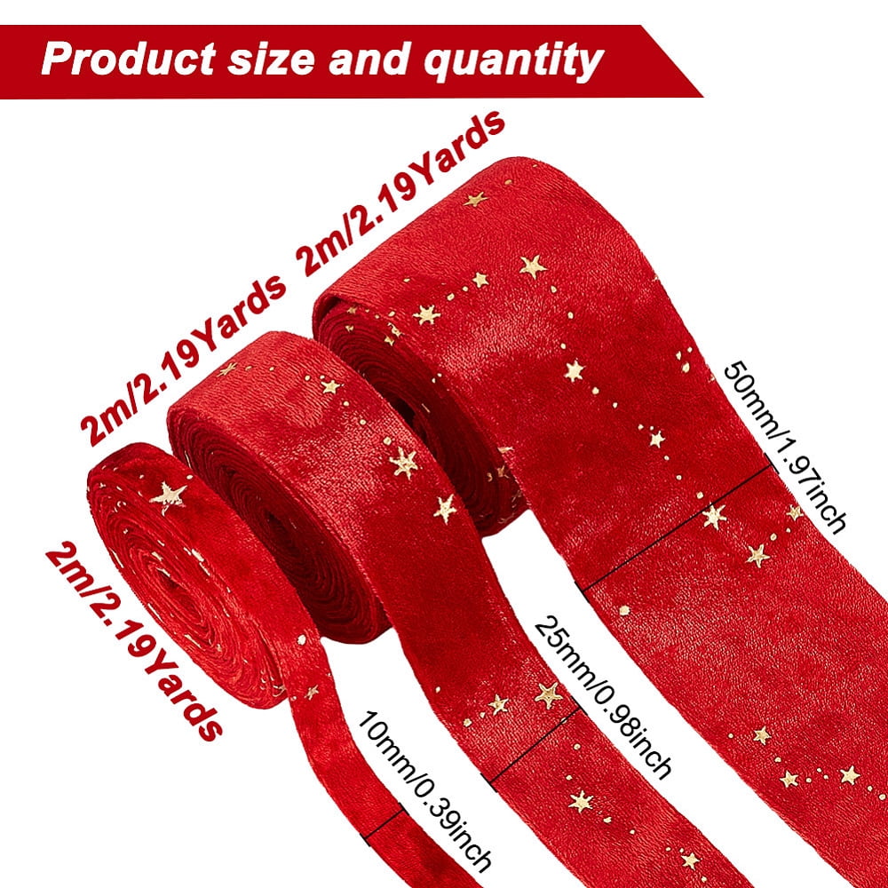 1 Set 6M 3 Styles Double Sided Star Gold Stamping Flannelette Ribbons for Sewing Craft Red 3/8~2 inch(10~50mm) 2m/style
