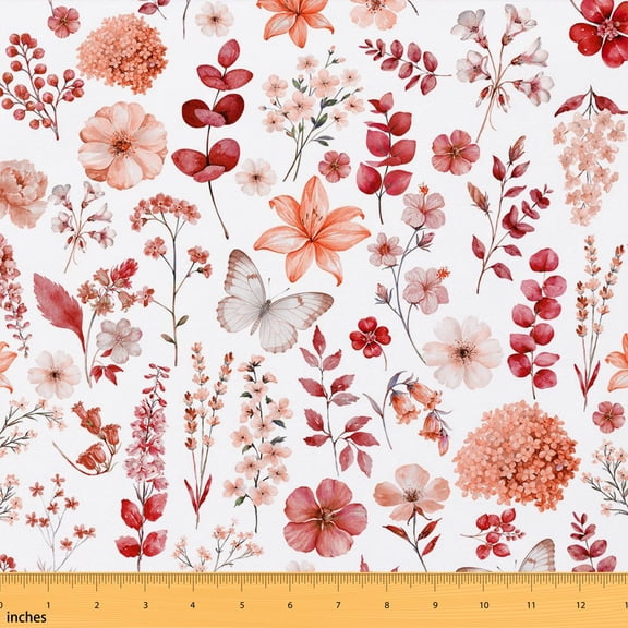 Manfei Chic Flower Fabric by the Yard 1 Yard, Cute Butterfly Home Decor Fabric by the Yard, Red Terracotta