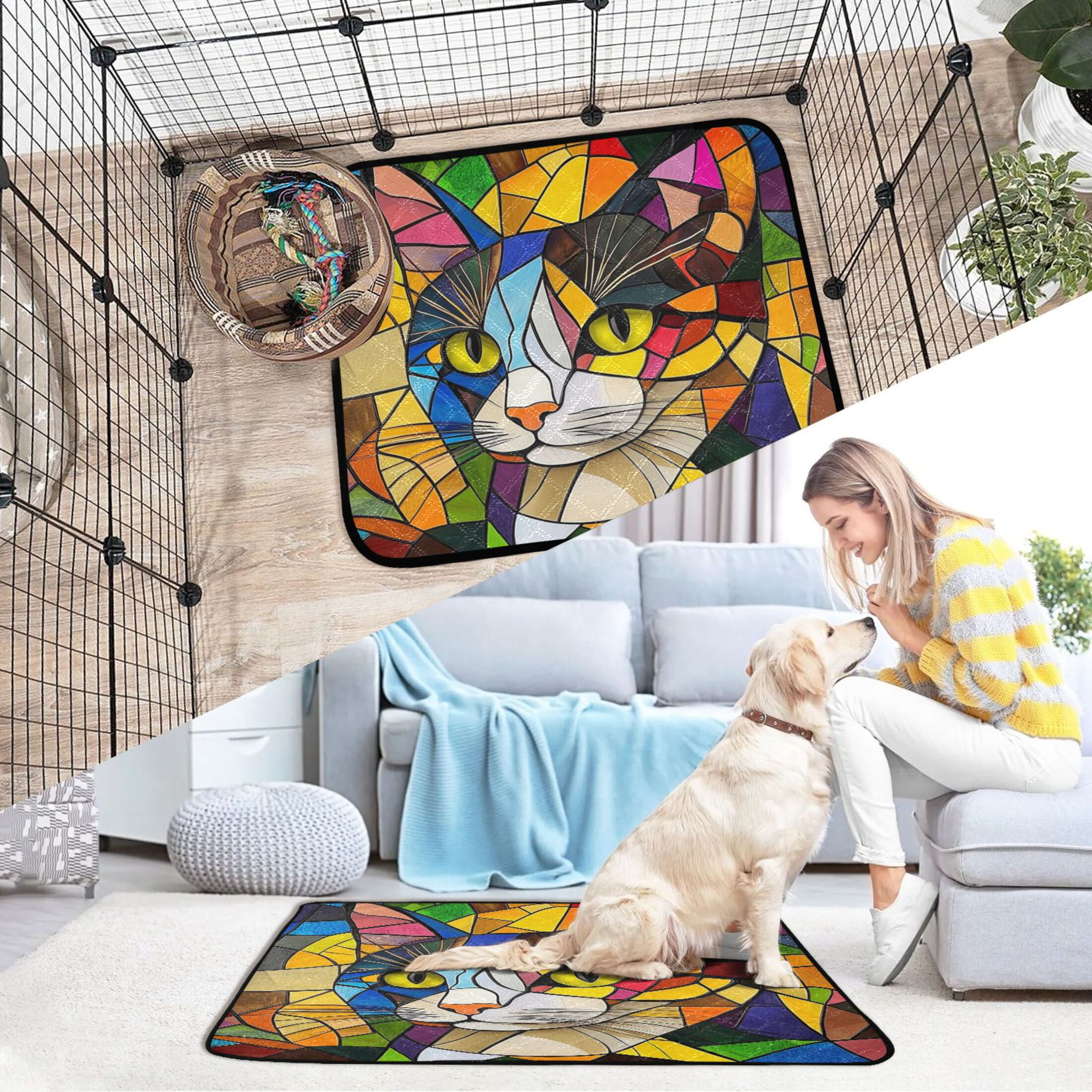 Qxltty Stained Glass Civet Cat litter Pads Pet Set of 3 Diaper Mats Center Anti-leakage Layer Absorbent Soft and Comfortable