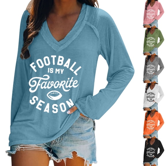 YVNAURA Womens Football Is My Favorite Season V Neck Long Sleeve T Shirt Funny Football Lover Graphic Tee Casual Game Day Outfit Soft Cotton Top, Light Blue,L