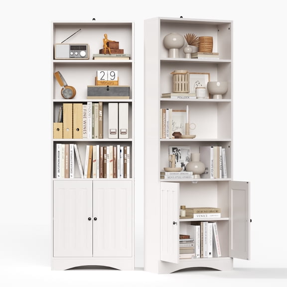 Lofka 71" 6-Shelf Tall Bookcase and Bookshelf with 2 Doors, White