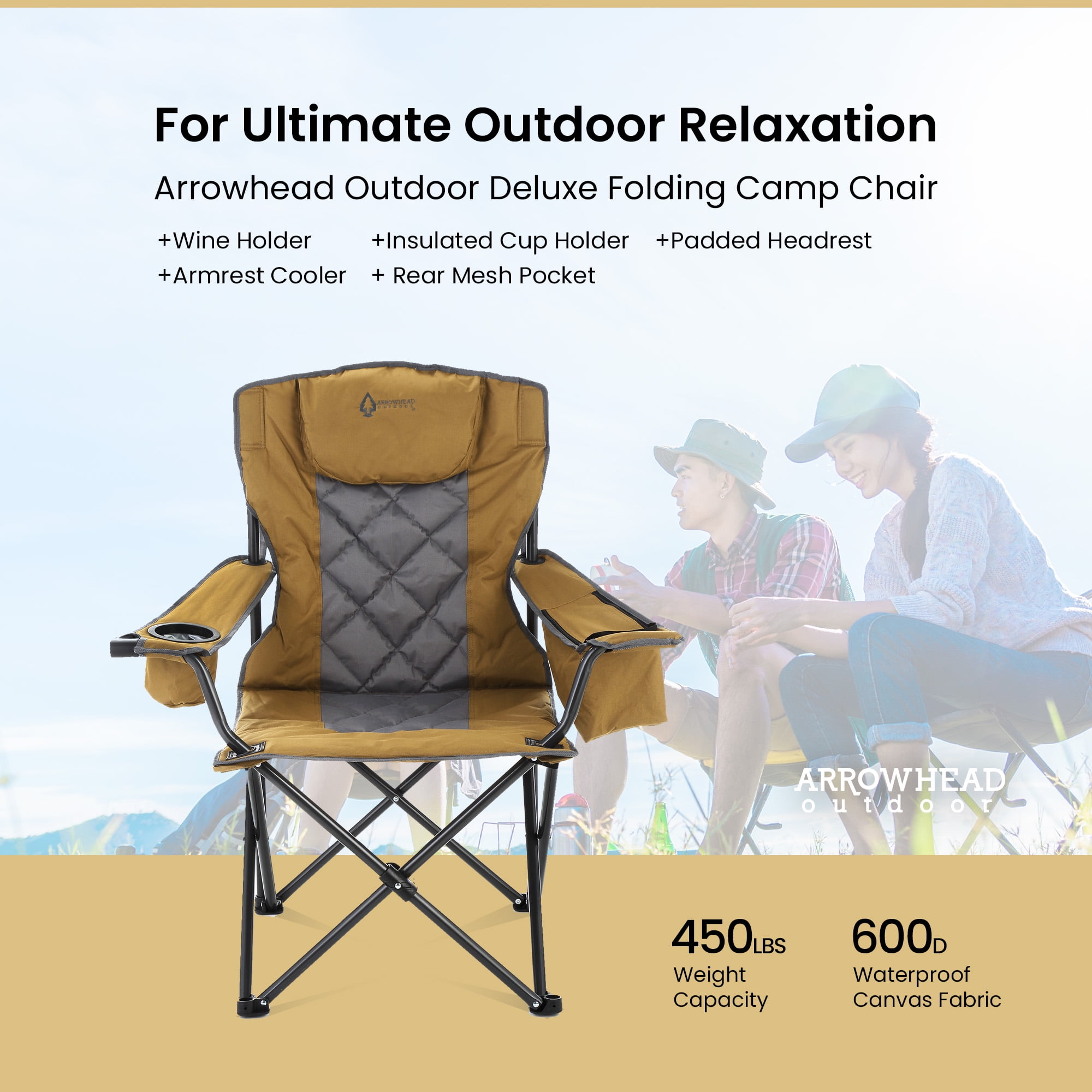 ARROWHEAD OUTDOOR Portable Folding Camping Quad Chair w/ 6-Can Cooler, Cup  & Wine Glass Holders, Heavy-Duty Carrying Bag, Padded Armrests, Headrest &  Seat, Supports up to 450lbs, USA-Based Support 