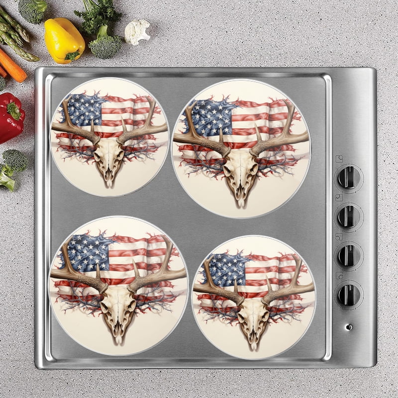 Bahomeck Gas Stove Burner Cover Set Of 4,American Flag Made From The Antlers And Skull Of White-Tailed Buck Metal Electric Stove Burner Covers,Protecting Gas Stoves,Kitchen Decor，8 Inch And 10 Inch