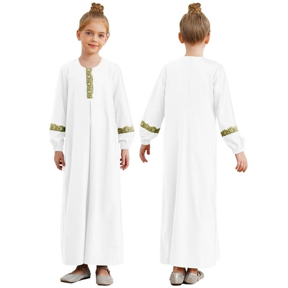 Rswnyirn Kids Girls Muslim Dresses Abaya Round Neck Long Sleeve Maxi Dress for Ramadan Theme Party Masquerade White 8