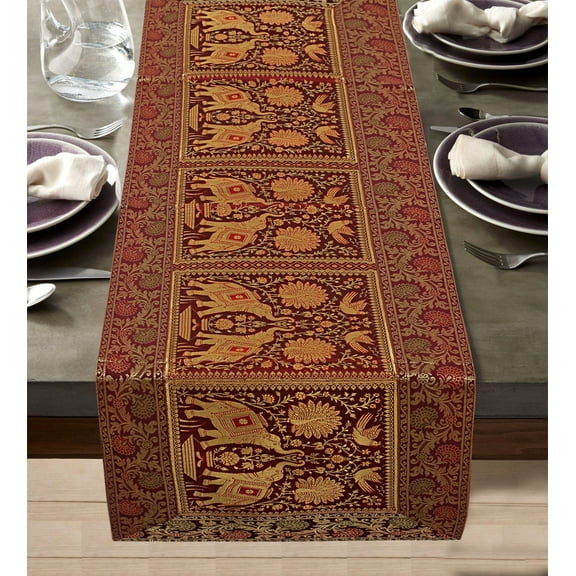 DK Homewares Traditional Ethnic Wedding Decorative Maroon Gold Table Cloth Brocade Satin 150 X 40 Cm Jacquard Elephant 5 Ft Table Runner ( 60 X 16 Inches )