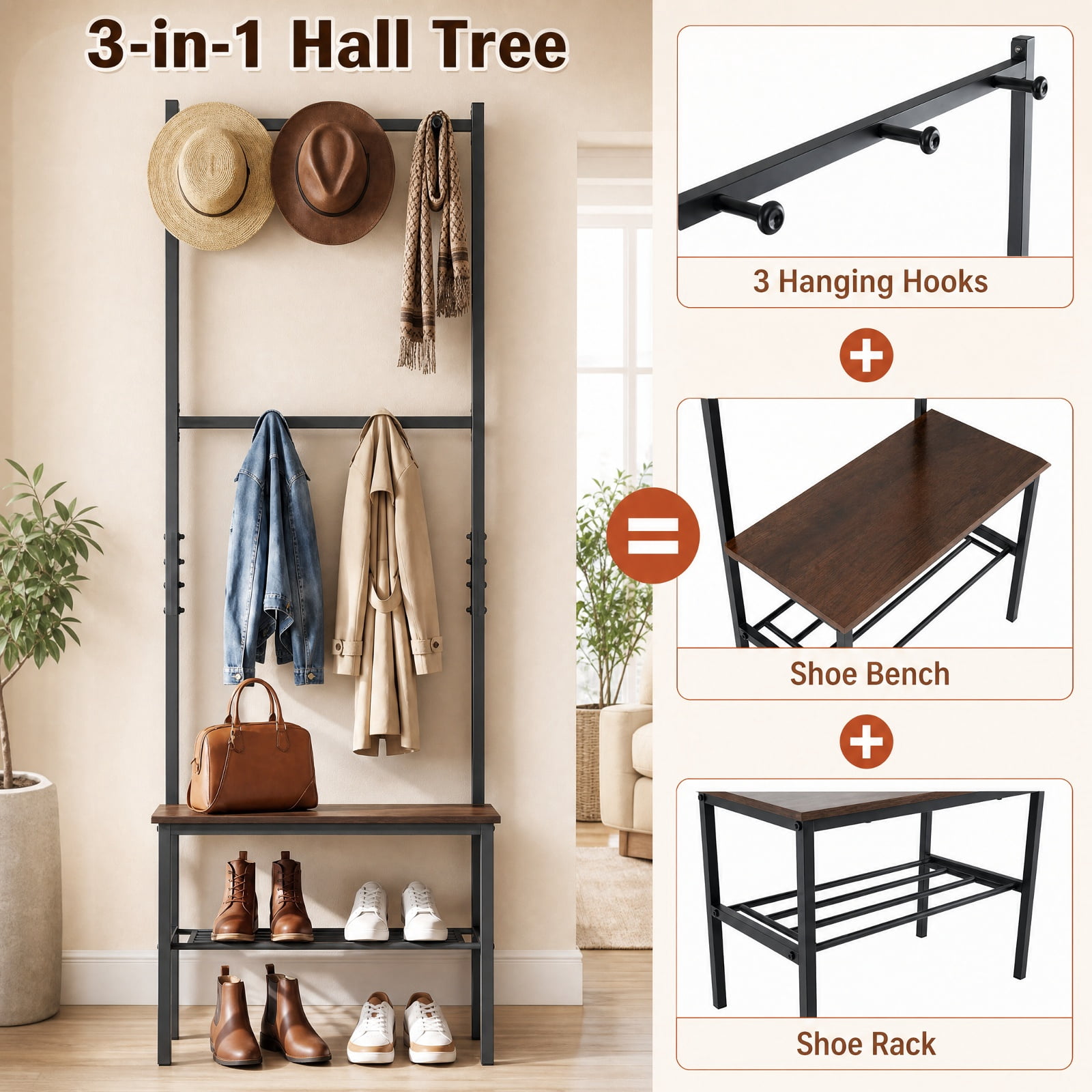 Furnibear 3 in 1 Freestanding Entryway Hall Tree with Bench and Hooks and Shoe Storage for Mudroom and Hallway, Rustic Brown