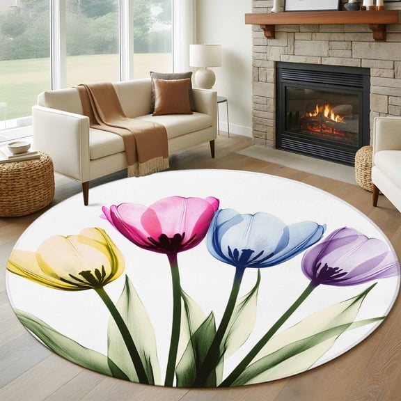 Colorful Tulip Round Area Rug 5 FT, Non Slip Bedroom Rugs, Farmhouse Luxury Flowers Botanical Washable Soft Circular Carpet Non-Shedding Floor Mat for Kitchen Dining Room Foyer Balcony Dorm
